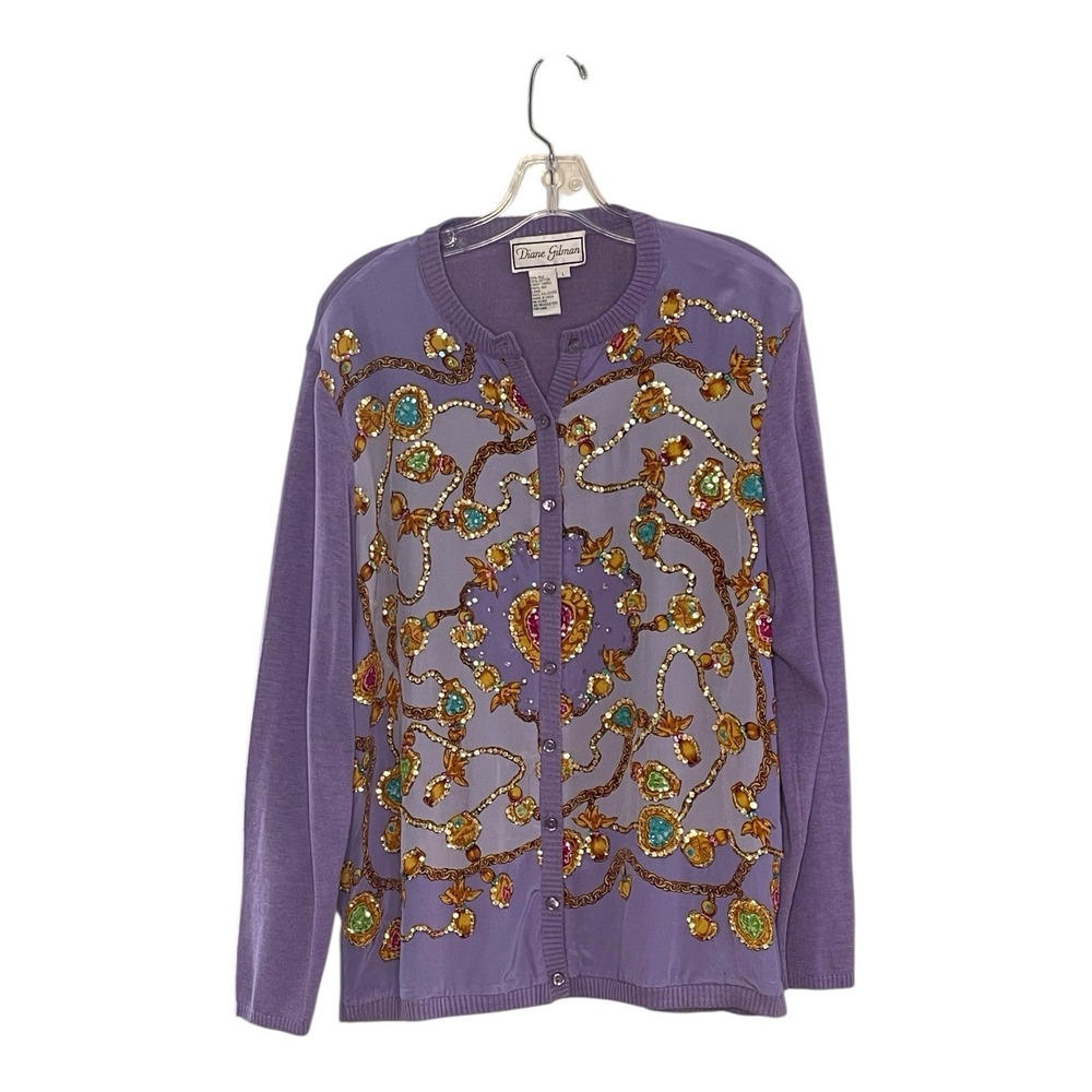 Diane Gilman Purple Long Sleeve Silk Front Sweater Sequins & Jewel‎ Print Size L